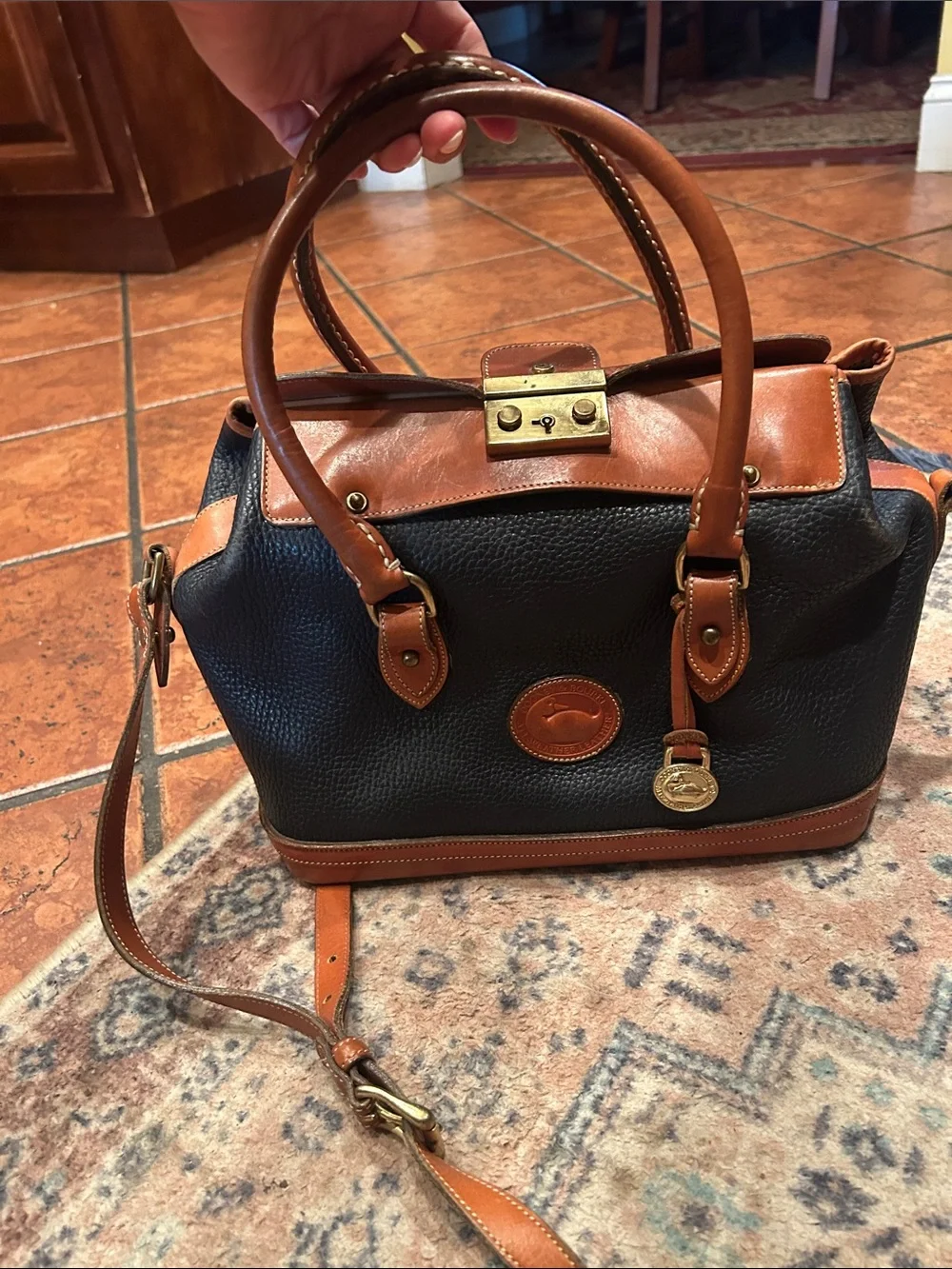 Dooney & Bourke Navy Pebble Leather Satchel with Tan Trim